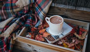 Preview wallpaper coffee, cocoa, cup, book, leaves, plaid, autumn