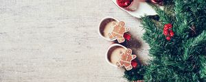 Preview wallpaper coffee, cookies, christmas tree, cones, decorations, new year, christmas