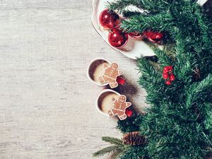 Preview wallpaper coffee, cookies, christmas tree, cones, decorations, new year, christmas