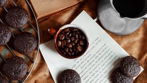 Preview wallpaper coffee, cookies, cup, book