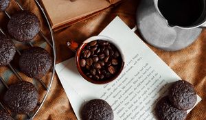 Preview wallpaper coffee, cookies, cup, book