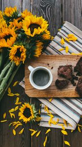 Preview wallpaper coffee, cookies, cup, sunflowers, flowers, petals