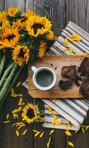 Preview wallpaper coffee, cookies, cup, sunflowers, flowers, petals