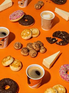 Preview wallpaper coffee, cookies, donuts, cheesecake, dessert, food