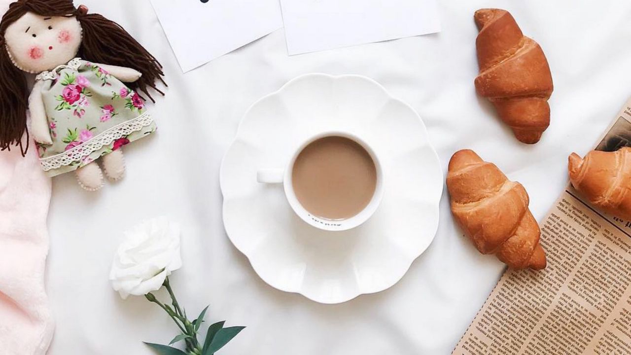 Wallpaper coffee, croissants, aesthetics, white
