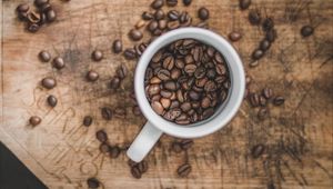 Preview wallpaper coffee, cup, aerial view, grains