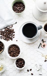 Preview wallpaper coffee, cup, beans, drink, surface, white