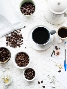 Preview wallpaper coffee, cup, beans, drink, surface, white