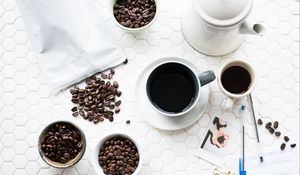 Preview wallpaper coffee, cup, beans, drink, surface, white