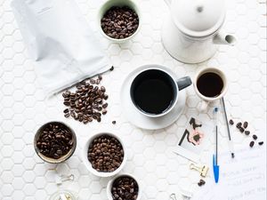 Preview wallpaper coffee, cup, beans, drink, surface, white