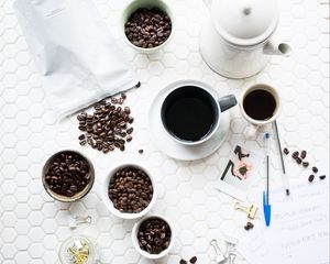 Preview wallpaper coffee, cup, beans, drink, surface, white