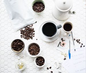 Preview wallpaper coffee, cup, beans, drink, surface, white