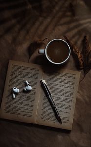 Preview wallpaper coffee, cup, book, headphones, text