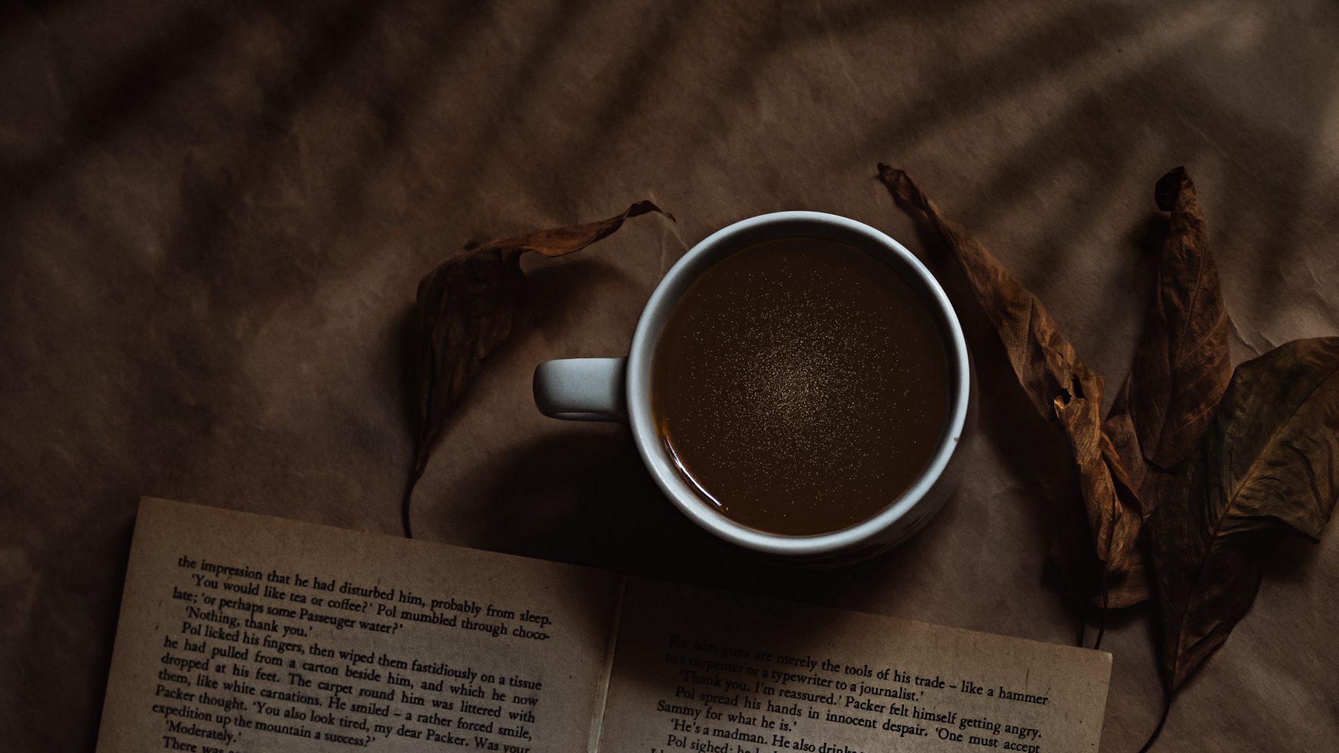 Download wallpaper 1920x1080 coffee, cup, book, headphones, text full hd,  hdtv, fhd, 1080p hd background