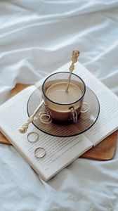 Preview wallpaper coffee, cup, book, rings, cloth