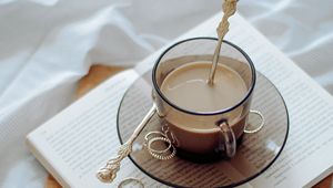 Preview wallpaper coffee, cup, book, rings, cloth