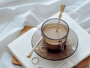 Preview wallpaper coffee, cup, book, rings, cloth