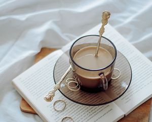 Preview wallpaper coffee, cup, book, rings, cloth