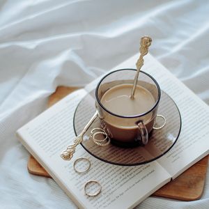 Preview wallpaper coffee, cup, book, rings, cloth