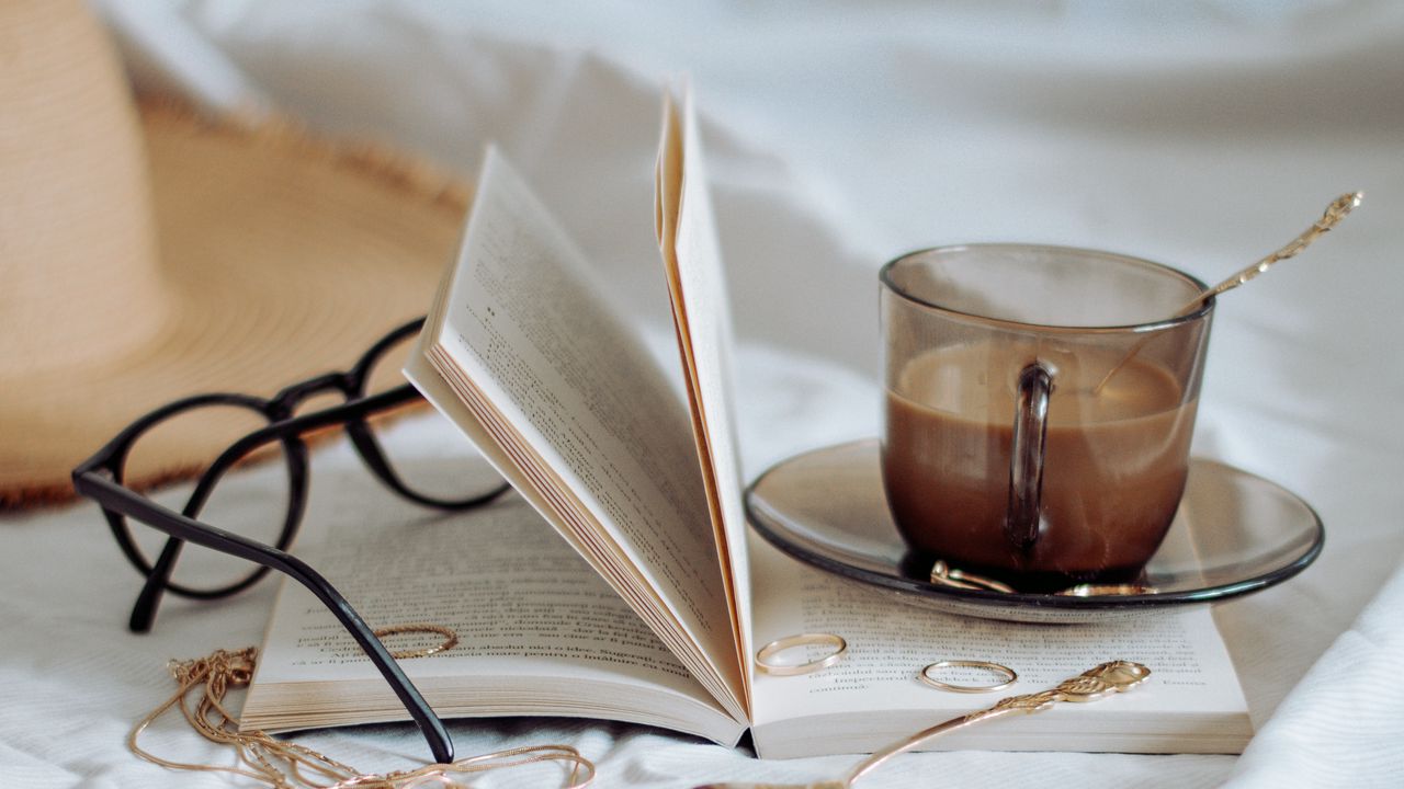 Wallpaper coffee, cup, book, spoon, rings hd, picture, image