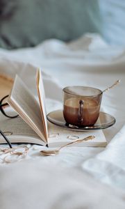 Preview wallpaper coffee, cup, book, spoon, rings