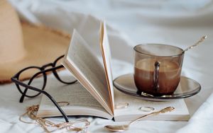 Preview wallpaper coffee, cup, book, spoon, rings