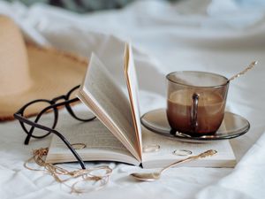 Preview wallpaper coffee, cup, book, spoon, rings