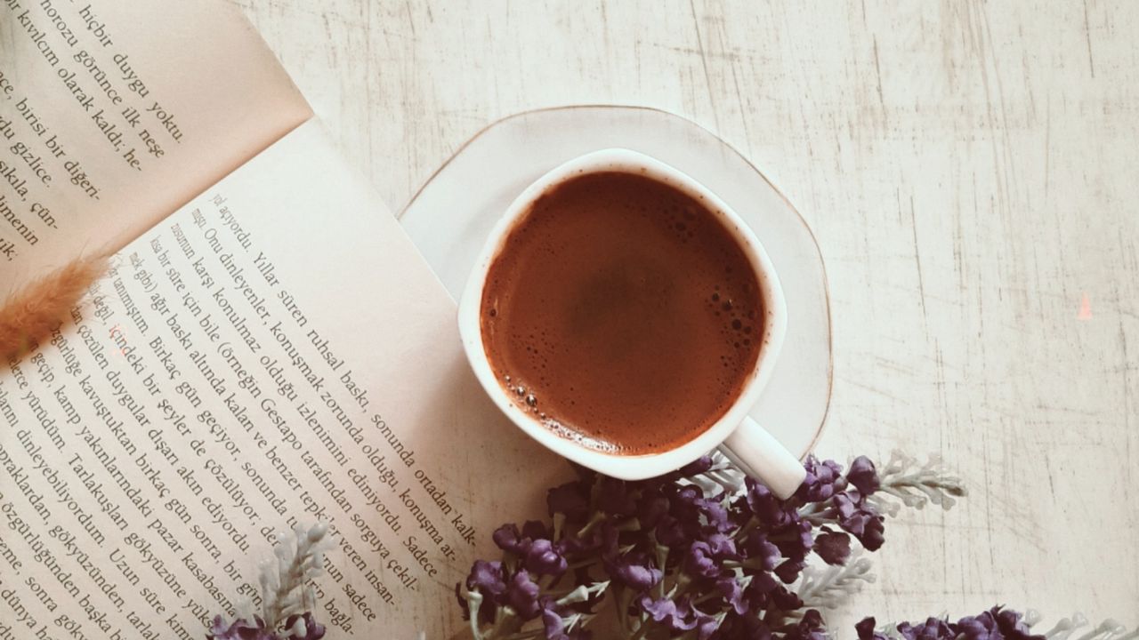 Wallpaper coffee, cup, book, flowers, text hd, picture, image