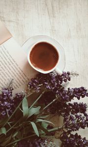 Preview wallpaper coffee, cup, book, flowers, text