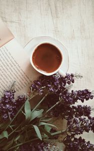 Preview wallpaper coffee, cup, book, flowers, text