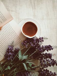 Preview wallpaper coffee, cup, book, flowers, text