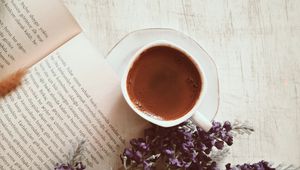 Preview wallpaper coffee, cup, book, flowers, text