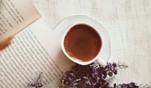 Preview wallpaper coffee, cup, book, flowers, text