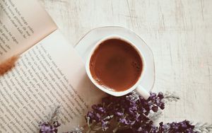 Preview wallpaper coffee, cup, book, flowers, text