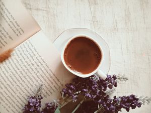 Preview wallpaper coffee, cup, book, flowers, text