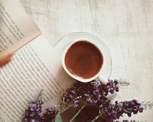 Preview wallpaper coffee, cup, book, flowers, text