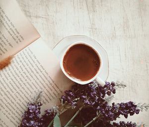 Preview wallpaper coffee, cup, book, flowers, text