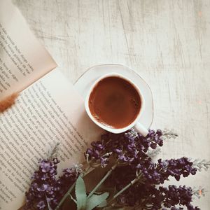 Preview wallpaper coffee, cup, book, flowers, text