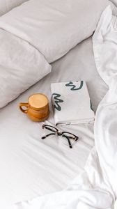 Preview wallpaper coffee, cup, book, glasses, bed