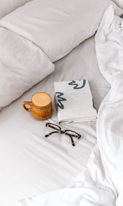 Preview wallpaper coffee, cup, book, glasses, bed