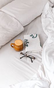 Preview wallpaper coffee, cup, book, glasses, bed