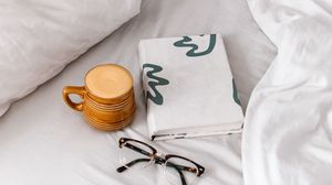 Preview wallpaper coffee, cup, book, glasses, bed