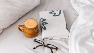 Preview wallpaper coffee, cup, book, glasses, bed