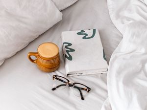 Preview wallpaper coffee, cup, book, glasses, bed