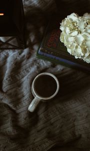 Preview wallpaper coffee, cup, book, flowers, cloth