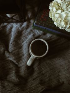 Preview wallpaper coffee, cup, book, flowers, cloth