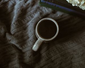 Preview wallpaper coffee, cup, book, flowers, cloth