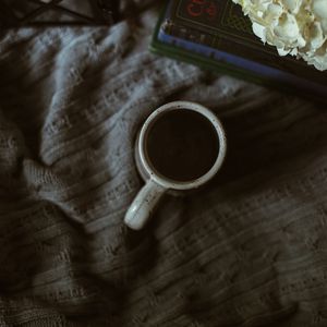 Preview wallpaper coffee, cup, book, flowers, cloth