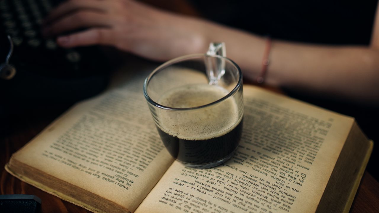 Wallpaper coffee, cup, book, hands, aesthetics