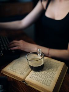 Preview wallpaper coffee, cup, book, hands, aesthetics